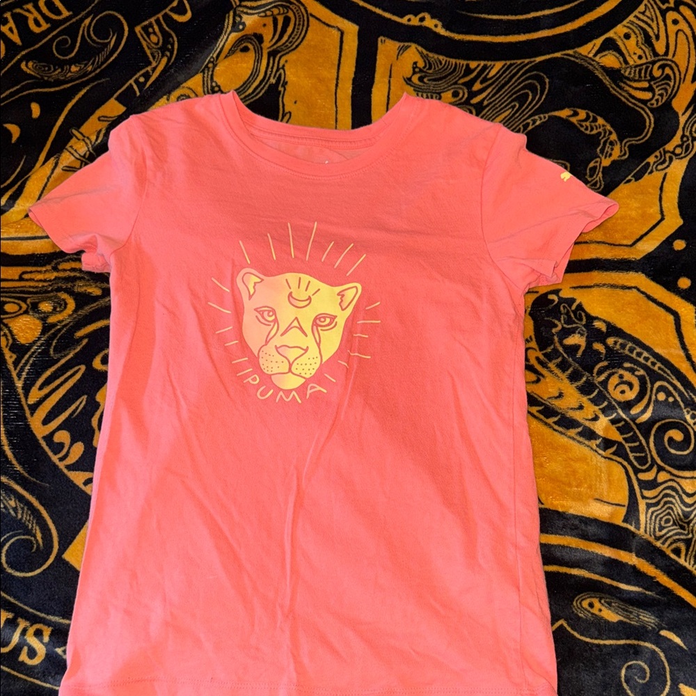 Puma Pink Short Sleeve Tee with Gold Lion Graphic